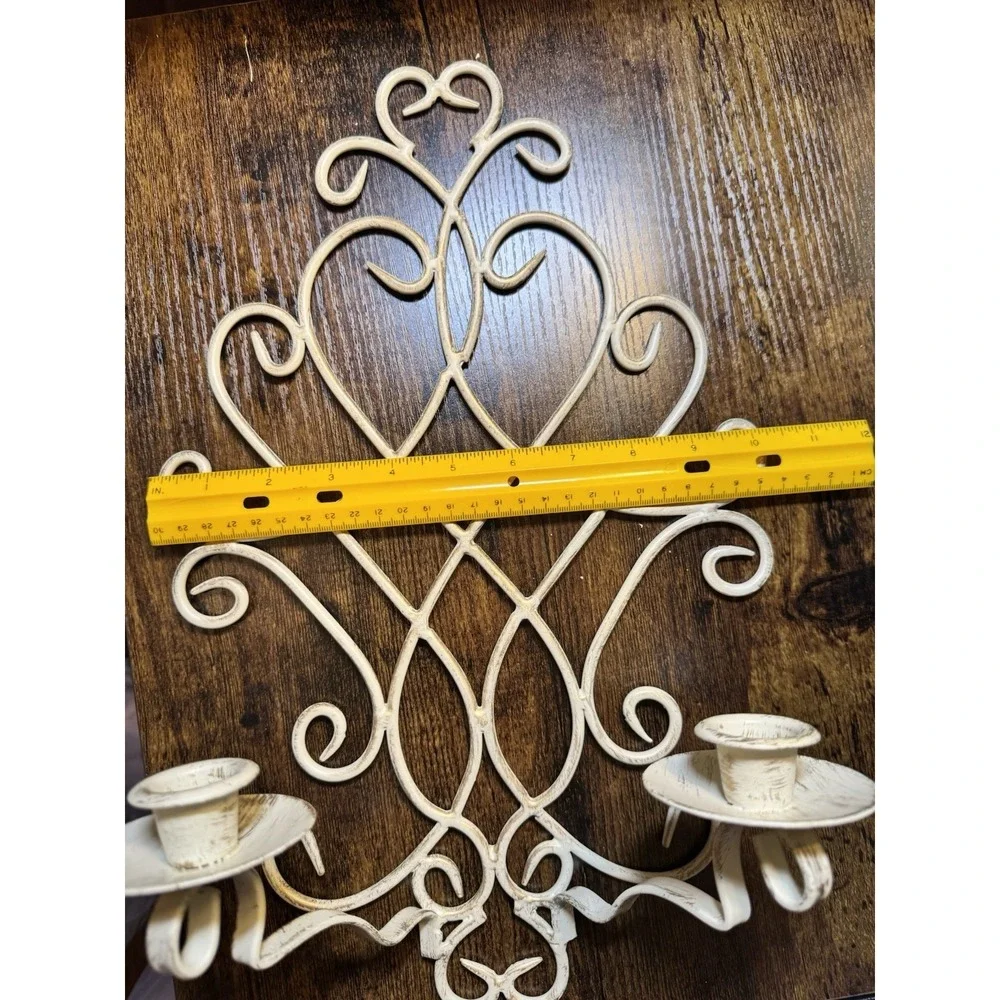 Vintage French Country Distressed Metal Wall Sconce Candle Holder Pair Cream 16